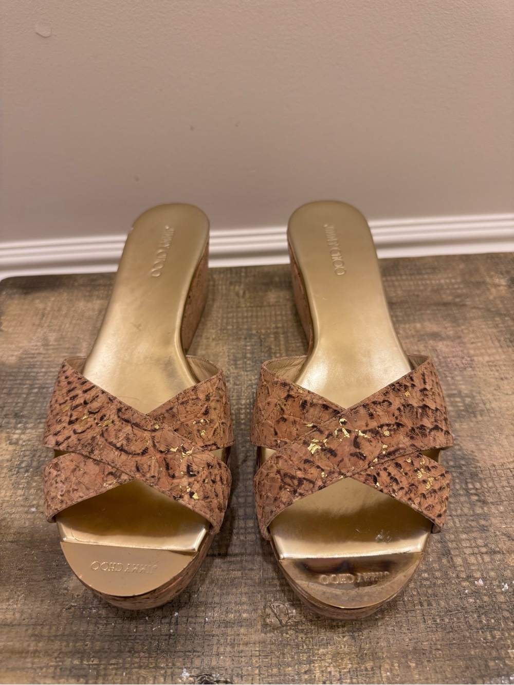 Jimmy Choo Tan Snakeskin Cork Wedge Slide Sandals with Gold Fleck